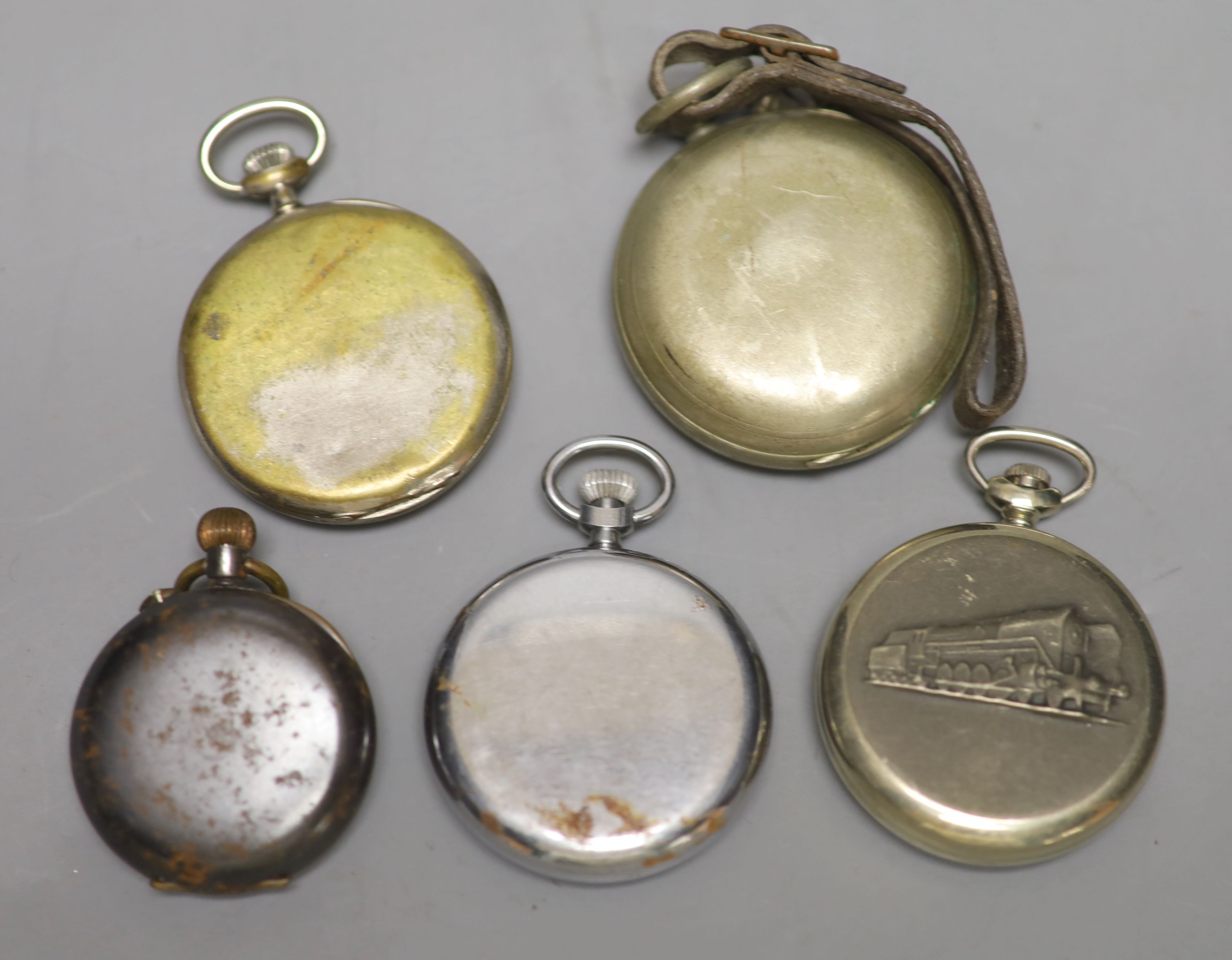 Five assorted base metal pocket watches including Medana(a.f.).